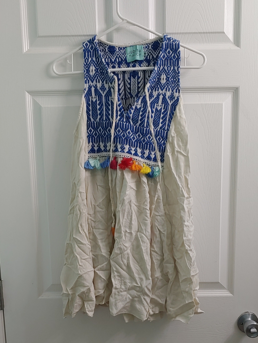 Judith March Dress Blue Ikat Embroidered White Tunic Boho Tassels Women's Size M